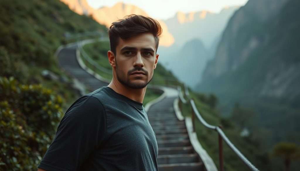 A focused, goal-oriented person stands in the foreground, their gaze determined as they climb a winding staircase leading upwards. The staircase winds through a lush, verdant landscape, with towering mountains in the background bathed in a warm, golden light. The lighting is soft and diffused, creating a serene, contemplative atmosphere. The scene is captured with a wide-angle lens, emphasizing the sense of depth and the journey ahead. The person's posture and expression convey a sense of purpose and dedication, reflecting the "Overcoming Common Learning Obstacles" theme.