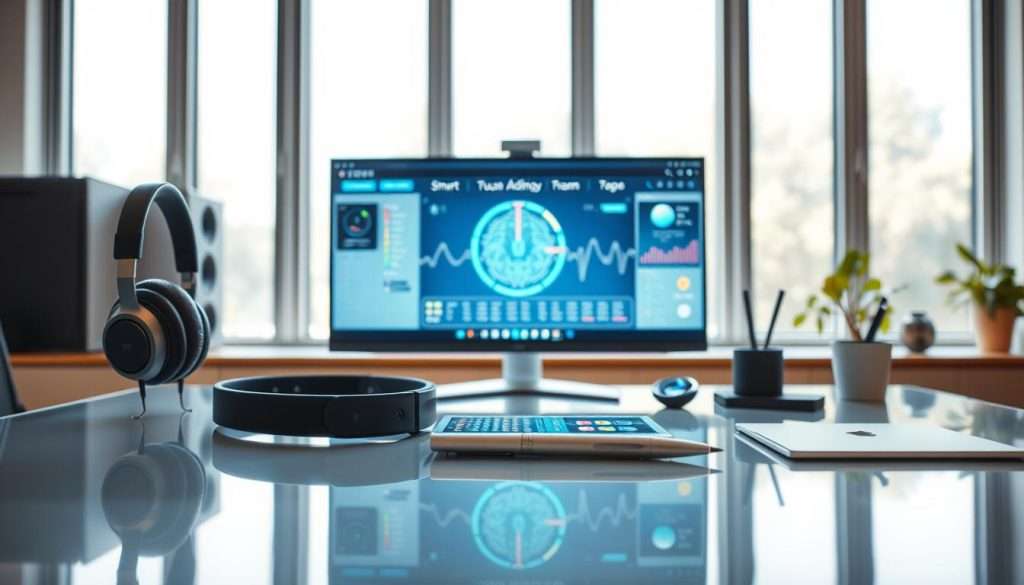 A futuristic, well-lit office setting with an array of high-tech focus-enhancing tools on a minimalist, glass-topped desk. In the foreground, a state-of-the-art noise-cancelling headphone set, a sleek productivity tracker with biometric sensors, and a holographic time management app displaying a color-coded schedule. In the middle ground, a high-resolution monitor displaying a brain wave visualization, and a smart pen that tracks handwriting and converts it to digital notes. In the background, a large window with a calming, nature-inspired view, and a small desk plant to provide a natural, soothing element.