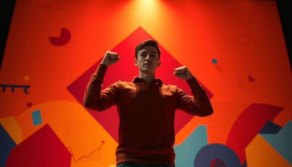 A goal-oriented person stands in a focused, determined pose, surrounded by a dynamic, colorful environment. The background features vibrant geometric shapes, abstract patterns, and a gradient of warm hues that convey a sense of progress and achievement. Soft, directional lighting illuminates the figure, creating a sense of depth and drama. The camera angle is slightly elevated, suggesting an empowered, aspirational perspective. The overall mood is one of motivation, clarity, and a relentless pursuit of personal growth and fulfillment.
