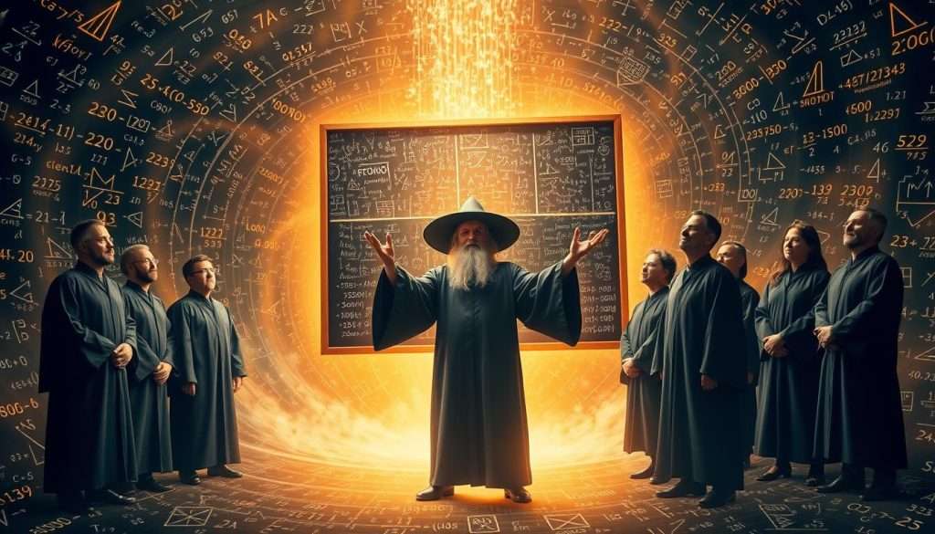 A group of mathematically gifted individuals, dressed in academic robes, standing amid a swirling vortex of mathematical symbols and equations. In the foreground, a wizard-like figure dramatically gestures, casting a spell with their hands. Behind them, a blackboard covered in intricate, mind-bending calculations levitates in the air, surrounded by a warm, golden glow. The scene is illuminated by a soft, mystical light, creating an atmosphere of wonder and the unlocking of hidden mathematical secrets. The overall composition conveys a sense of the extraordinary, the esoteric, and the power of mathematical mastery.