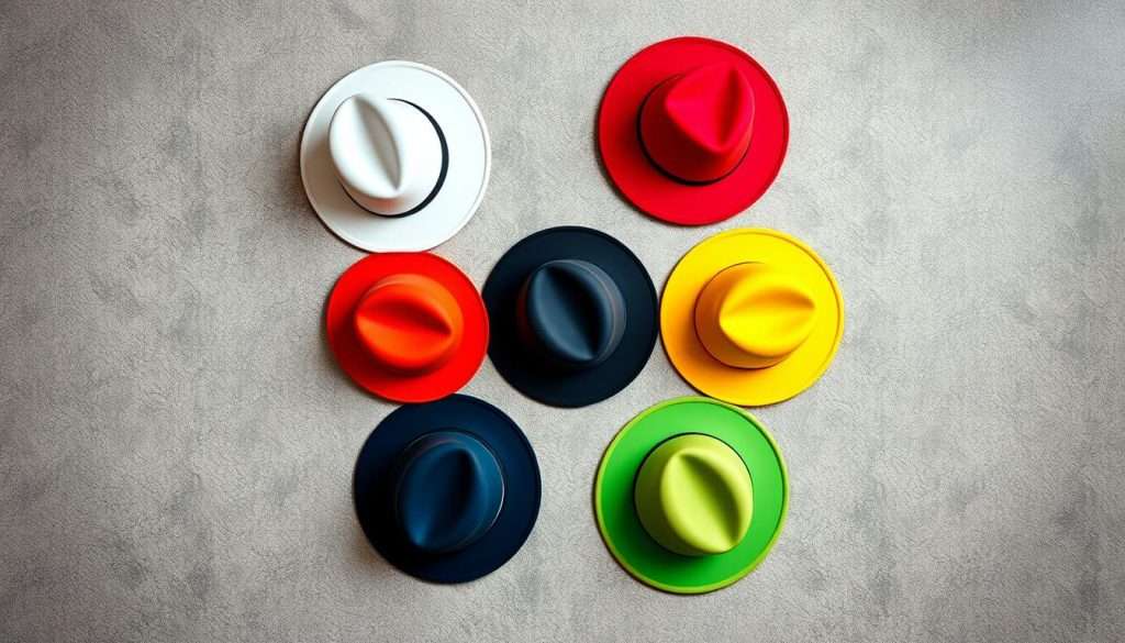 A high-angle view of six vibrant, distinct thinking hats arranged in a circular formation, each representing a unique cognitive approach: a white hat for objective facts, a red hat for emotions and intuition, a black hat for critical analysis, a yellow hat for positive perspectives, a green hat for creative ideas, and a blue hat for meta-cognition and process control. The hats are rendered in a minimalist, iconic style with clean lines and bold colors, set against a subtly textured background that suggests the conceptual nature of the "Six Thinking Hats" problem-solving framework. The composition is balanced and symmetrical, conveying a sense of harmony and interconnectedness between the different modes of thinking.