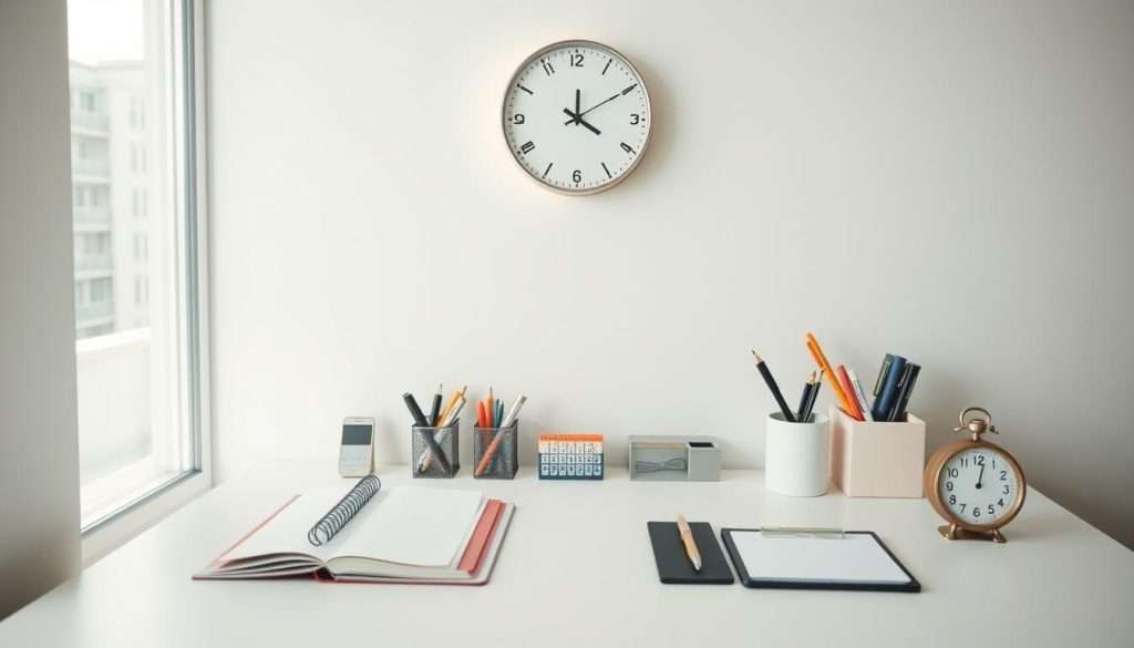 A minimalist, clean-lined office desk with various productivity tools arranged neatly - a planner, a desk organizer, a pen holder, and a timer. Overhead, a glowing analog clock casts a warm, focused light. The entire scene is bathed in a soft, natural daylight coming from a window on the left, creating a calming, focused atmosphere. The image conveys a sense of efficiency, organization, and time management, perfect for illustrating "Time Management Techniques for Effective Studying".