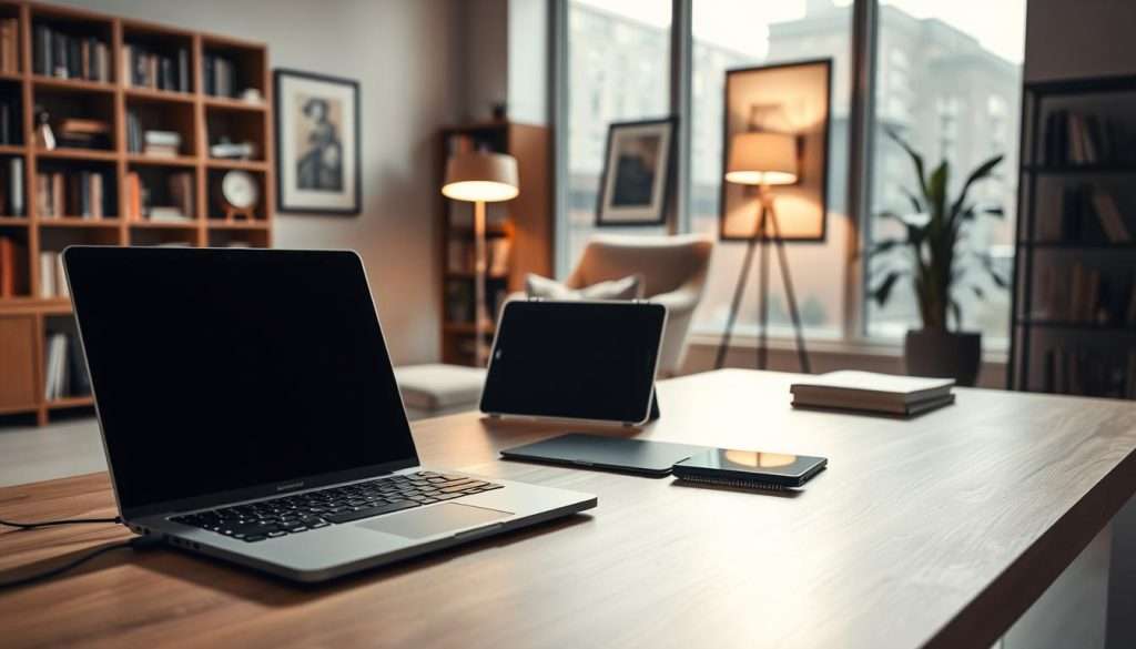 A modern study workspace with an array of digital devices and technology tools. In the foreground, a sleek laptop, tablet, and smartpen rest on a minimalist wooden desk, casting soft shadows. The middle ground features a cozy reading nook with a comfortable armchair and a floor lamp, creating a warm, focused atmosphere. In the background, bookshelves and wall art create a sophisticated, intellectual ambiance. Indirect lighting from large windows bathes the scene in a gentle, natural glow, reflecting the forward-thinking and efficient nature of this technology-enhanced study setup.