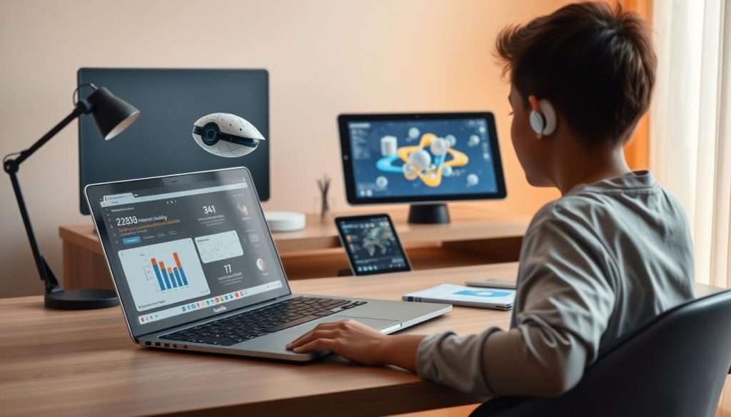 A modern, tech-savvy study space with an array of AI-powered tools. In the foreground, a sleek laptop displays interactive learning dashboards and personalized study plans. Hovering nearby, a digital assistant offers customized learning recommendations. In the middle ground, a tablet showcases immersive AR simulations, allowing the student to visualize complex concepts. The background features a minimalist desk setup, with a smart speaker providing ambient study music and voice-activated note-taking. Warm, indirect lighting creates a focused, productive atmosphere, while clean lines and muted colors exude a sense of efficiency and focus.