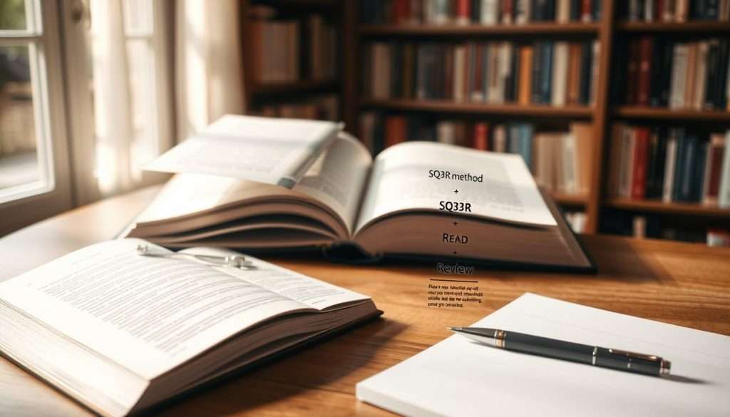 A neatly arranged workspace with an open book, a pen, and a notepad on a wooden table. In the foreground, a clear diagram illustrates the SQ3R method - Survey, Question, Read, Recite, Review - with concise explanations for each step. The lighting is warm and natural, casting a soft glow over the scene. The background features a bookshelf filled with literature, creating an atmosphere of focused study and intellectual engagement. The overall composition conveys a sense of structure, organization, and a systematic approach to active reading and comprehension.