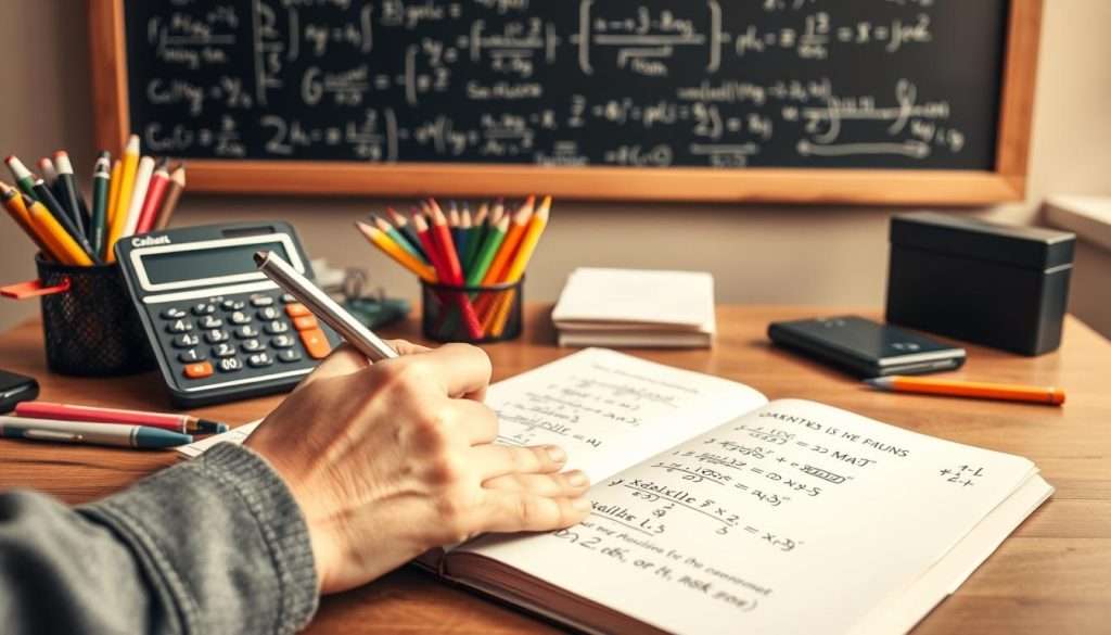 A neatly organized desk with an open notebook, various colored pens, and a calculator. In the foreground, a hand carefully taking notes, with equations and diagrams emerging on the page. The background features a chalkboard or whiteboard, showcasing mathematical symbols and formulas. Soft, warm lighting illuminates the scene, creating a focused, academic atmosphere. The image conveys the dedication and attention to detail required for effective math note-taking.