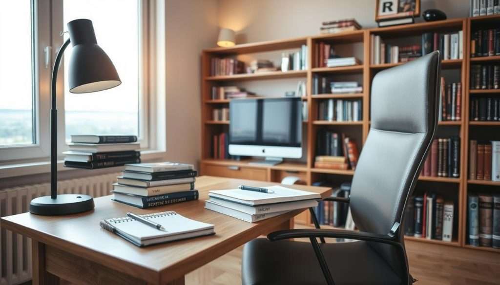A neatly organized study space with an oak desk and chair, a modern lamp providing warm, directional lighting. On the desk, a stack of textbooks, a notebook, a pencil case, and a desktop computer. Shelves along the back wall display various reference materials, from dictionaries to academic journals. The room is bathed in a soft, natural glow from a large window, hinting at a serene outdoor view. An air of focused productivity and intellectual engagement permeates the scene.