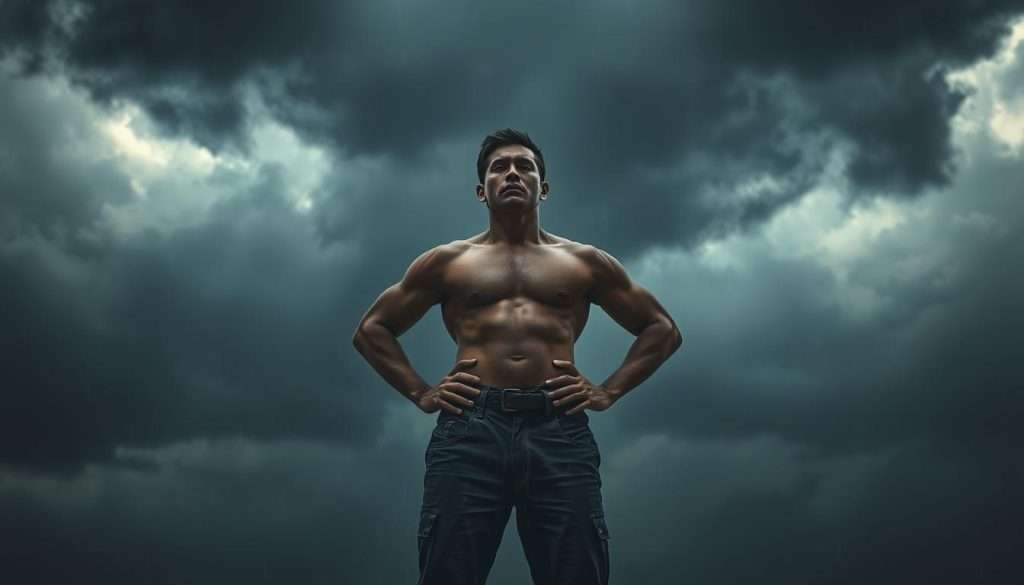 A resilient figure stands tall against a storm, their body language radiating strength and determination. The sky is dark and foreboding, with heavy clouds and lashing rain, yet the figure remains steadfast, unflinching in the face of adversity. Beams of light break through the gloom, casting dramatic shadows and highlighting the individual's resolute expression. The foreground is sharply in focus, while the background fades into a blur of turbulent elements, emphasizing the subject's unwavering focus. This scene conveys the essence of overcoming mindset setbacks, a testament to the power of a growth mindset in difficult times.