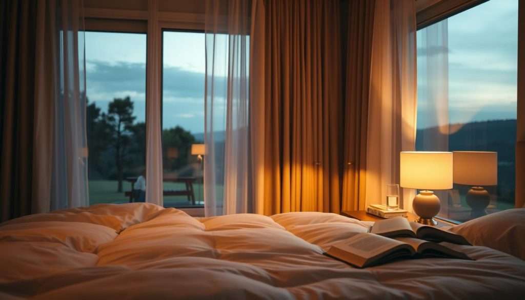 A serene bedroom scene, dimly lit with warm, soft lighting. In the foreground, a cozy bed with plush bedding and a luxurious mattress, inviting restful sleep. The middle ground features a nightstand with a simple, elegant lamp, a glass of water, and a book - signifying the importance of pre-sleep rituals. In the background, a large window overlooking a tranquil, natural landscape, with curtains gently billowing, creating a calming atmosphere. The overall scene conveys a sense of comfort, relaxation, and the optimal conditions for preparing the brain for optimal learning.