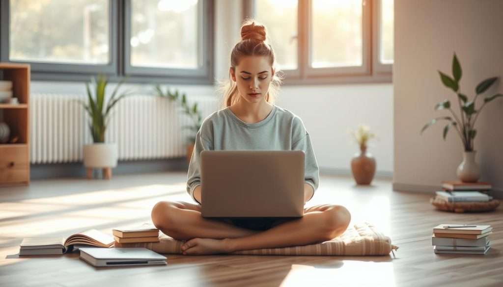 A serene, focused student sits cross-legged on the floor, surrounded by books, laptop, and a meditation cushion. Soft natural light filters through large windows, casting a warm glow on the scene. The student's expression is one of deep concentration, their gaze fixed intently on the screen. A sense of calm and mindfulness permeates the atmosphere, suggesting a harmonious balance between academic diligence and mental well-being. The background is a minimalist, nature-inspired space, with plants and a simple, Zen-inspired decor, creating a peaceful, conducive environment for focused learning.