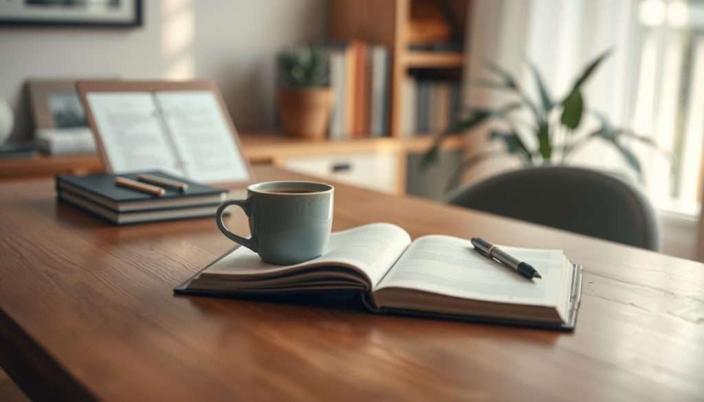 A serene home office with a wooden desk, a cup of coffee, and a journal open, inviting the viewer to immerse themselves in the act of writing. Soft, natural lighting filters through a nearby window, casting a warm glow over the scene. The background is blurred, allowing the focus to be on the writing process, with a sense of contemplation and concentration. The angle is slightly elevated, giving the viewer a sense of being present in the moment, ready to unlock the power of writing to learn.