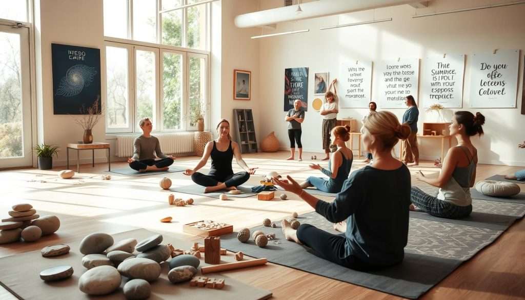 A serene indoor studio with abundant natural light filtering through large windows. In the foreground, a group of people engaged in various mindfulness exercises - some sitting cross-legged in a lotus position, others standing with arms outstretched, eyes closed in deep concentration. The middle ground features an array of tactile objects like smooth river stones, wooden puzzles, and textured fabrics, encouraging tactile exploration. The background showcases inspirational artworks and motivational quotes on the walls, creating an atmosphere of creativity and innovation. Soft, muted colors and natural materials evoke a sense of tranquility and focus, inviting the viewer to immerse themselves in the transformative power of the mind.