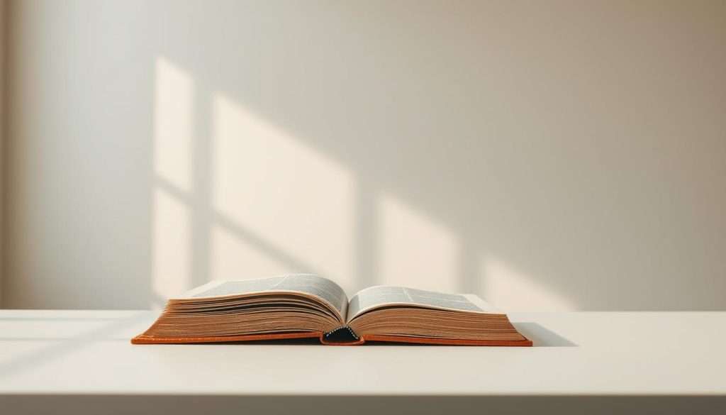 A serene, minimalist scene depicting the essence of first principles thinking. In the foreground, a single, well-worn hardcover book rests on a clean, uncluttered desk, its pages open, inviting contemplation. Soft, natural light filters through a large window, casting a warm glow on the scene. The background is a tranquil, neutral-toned space, free of distractions, allowing the viewer to focus on the book and the act of deep, fundamental inquiry. The overall mood is one of focused concentration, clarity, and the pursuit of understanding through a systematic, ground-up approach.