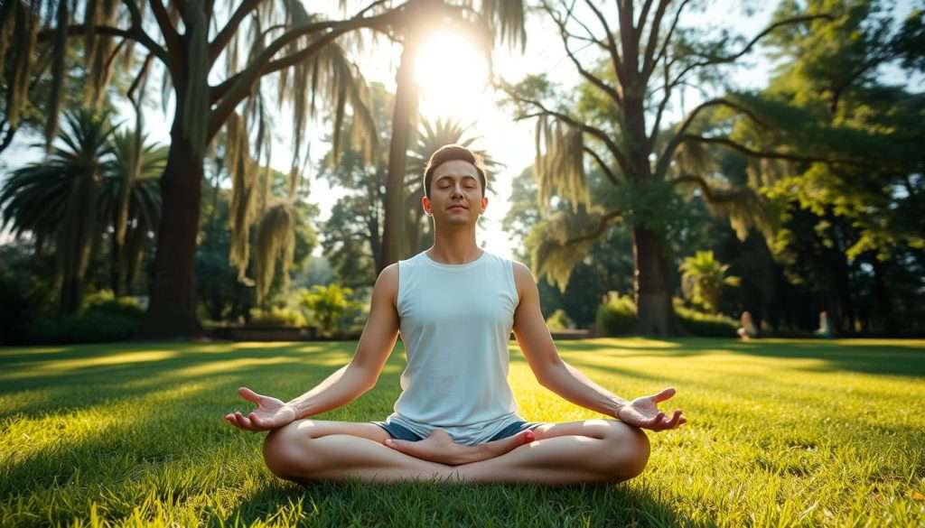 A serene outdoor setting, with a person sitting cross-legged in a meditative pose on a lush green lawn. The sun casts a warm, golden glow, illuminating the scene with a sense of tranquility. In the background, tall trees sway gently, their leaves filtering the light and creating a calming, natural ambiance. The person's eyes are closed, their expression peaceful, as they focus inwardly, deep in concentration. The camera angle is slightly elevated, capturing the scene from a slightly overhead perspective, emphasizing the sense of clarity and focus. The overall mood is one of mindfulness, balance, and mental clarity.