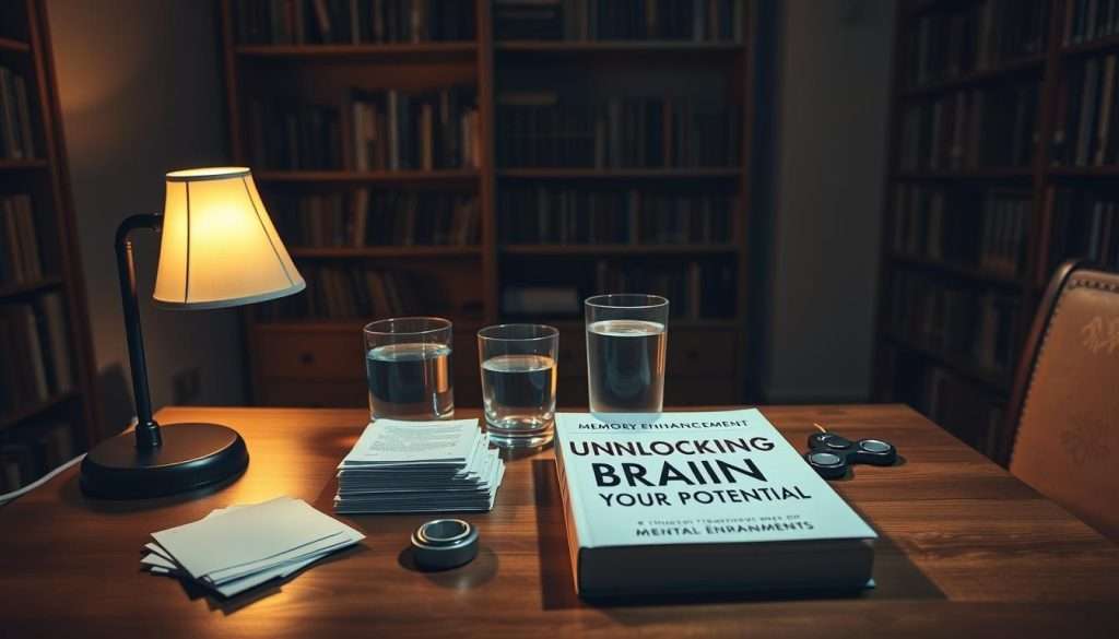 A serene study, dimly lit by a single lamp on a wooden desk. Atop the desk, various memory enhancement tools lie neatly arranged - a stack of notecards, a glass of water, a fidget spinner, and a book titled "Unlocking Your Brain's Potential". The walls are lined with bookshelves, casting warm, soft shadows. A contemplative mood pervades the scene, as if the viewer is about to embark on a journey of cognitive exploration. The composition draws the eye to the center, where the memory enhancement techniques are highlighted, inviting the viewer to engage and discover ways to optimize their mental capacities.