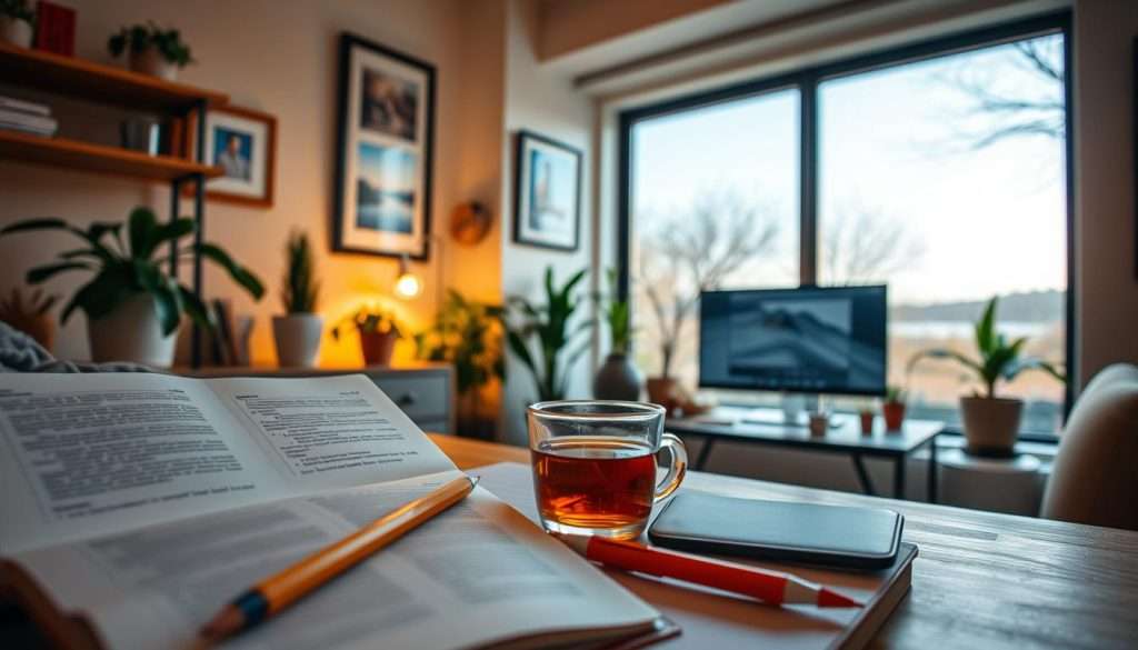 A serene study nook with warm lighting and inviting textures. In the foreground, an open notebook and various learning tools - pencils, highlighters, and a cup of tea. In the middle ground, a personalized workspace with a desktop computer, potted plants, and framed artwork reflecting the learner's interests. The background features a large window overlooking a peaceful outdoor scene, allowing natural light to fill the space. The overall atmosphere is one of focus, creativity, and a sense of individualized learning tailored to the user's preferences and needs.