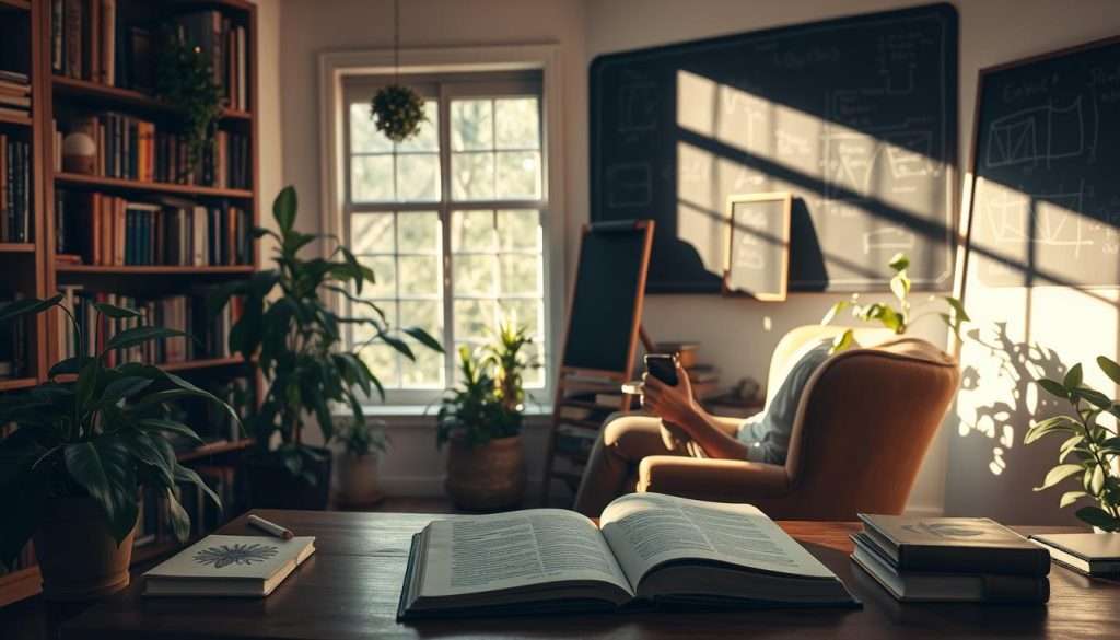 A serene, sun-dappled study with an open book on a wooden desk, surrounded by lush houseplants and shelves filled with diverse volumes. A person sits in a comfortable armchair, deeply immersed in their reading, embodying the idea of continuous learning. Soft, warm lighting filters through the window, creating an atmosphere of contemplation and intellectual growth. In the background, a chalkboard displays formulas and diagrams, hinting at the multifaceted nature of the learning process. The overall scene conveys a sense of tranquility, focus, and the never-ending pursuit of knowledge.