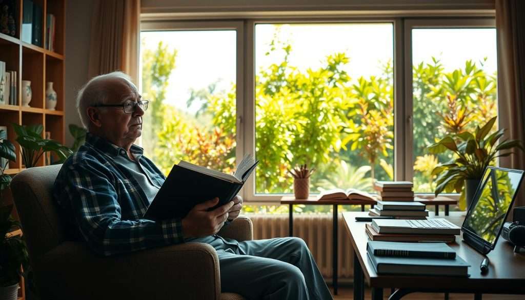 A serene, well-lit study room with a large window overlooking a lush, verdant garden. In the foreground, an older person sits comfortably in an armchair, a book open in their hands, their face radiating a sense of focused contemplation. The middle ground features a desk with various learning materials - textbooks, notebooks, and a laptop - suggesting an environment conducive to lifelong learning. The background showcases vibrant, colorful foliage and a clear, blue sky, symbolizing the mental growth and rejuvenation that comes with continuous education. The lighting is warm and natural, creating a calming, introspective atmosphere. The overall scene conveys the neurological benefits of a lifelong dedication to learning and self-improvement.