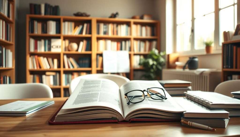 A serene, well-lit study room with warm, diffused lighting. On the desk, an open book, a pair of reading glasses, and various memory enhancement tools - a mind map, flashcards, and a journal. The walls are adorned with shelves filled with books, and a large window allows natural light to stream in, casting a gentle glow over the scene. The overall atmosphere is one of focused concentration and intellectual engagement, encouraging the viewer to immerse themselves in effective learning strategies.