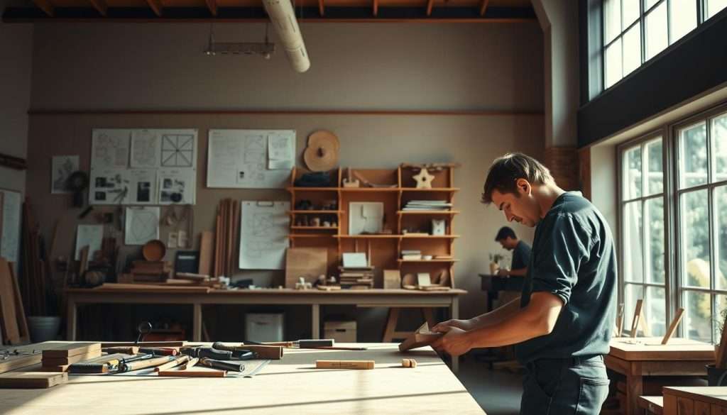 A serene, well-lit workshop scene showcasing the journey of skill development. In the foreground, a focused individual intently working on a woodworking project, surrounded by an array of carefully curated tools. In the middle ground, visualization boards and inspirational sketches adorn the walls, reflecting the strategic learning process. The background evokes a sense of tranquility, with natural lighting filtering through large windows, casting a warm glow over the entire space. The overall atmosphere is one of dedication, thoughtfulness, and the pursuit of self-improvement through focused, intentional practice.