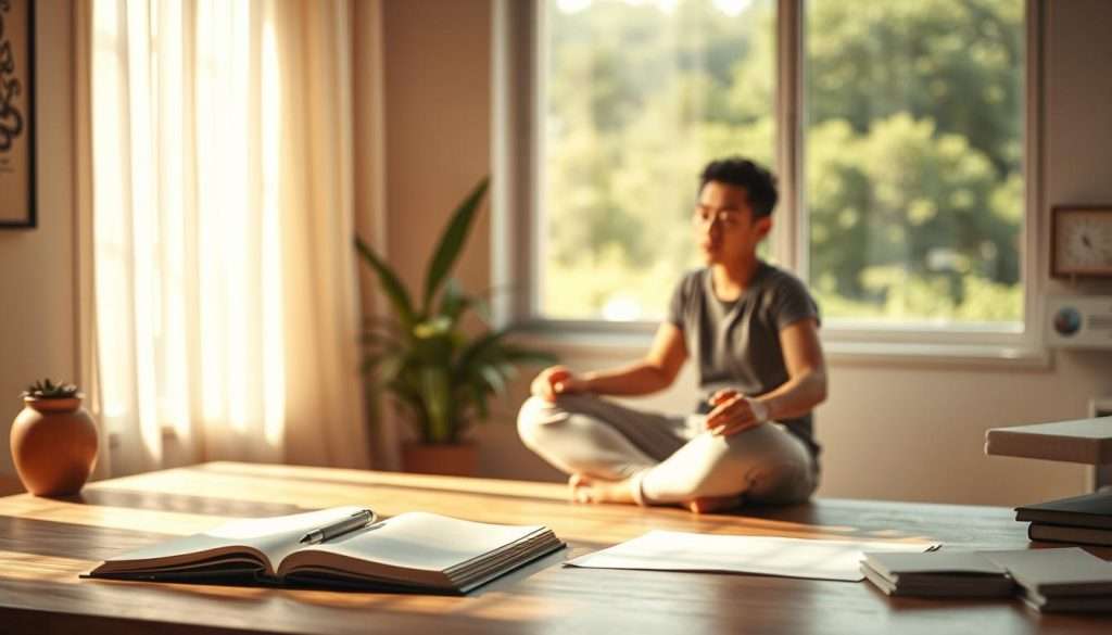 A serene workspace bathed in warm, natural lighting. On the desk, an open notebook and a pen, symbolizing the process of growth and self-reflection. In the foreground, a person sitting cross-legged, deep in contemplation, their expression one of focused determination. Surrounding them, abstract shapes and lines in muted hues, representing the ever-evolving journey of personal development. In the background, a window overlooking a lush, verdant landscape, hinting at the boundless possibilities that await beyond the present moment. The overall atmosphere is one of tranquility, introspection, and a sense of unfolding potential.
