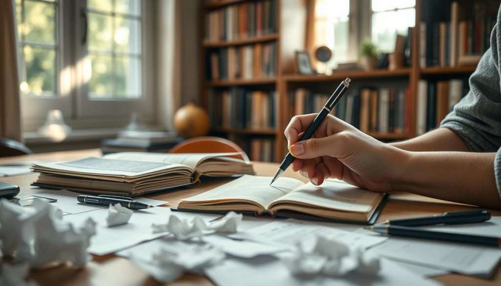 A serene workspace with an open notebook, pens, and crumpled papers scattered across the desk. In the foreground, a person's hands hold a pen, deep in contemplation. Soft, natural lighting filters through a window, casting a warm glow over the scene. The background features a bookshelf filled with volumes, hinting at a wealth of knowledge and inspiration. The overall atmosphere conveys a sense of focus, determination, and the process of overcoming creative obstacles.