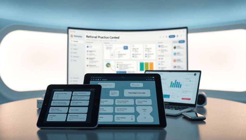 A sleek, futuristic workspace with an array of digital tools for retrieval practice. In the foreground, a high-resolution tablet displays interactive flashcards and quizzes. In the middle ground, a laptop showcases a mind mapping software, facilitating the organization of key concepts. The background features a large, curved monitor displaying a retrieval practice dashboard, complete with performance metrics and personalized learning insights. Soft, ambient lighting creates a focused, contemplative atmosphere, while clean lines and minimalist design elements convey a sense of efficiency and productivity. The overall scene celebrates the seamless integration of technology and active learning strategies.