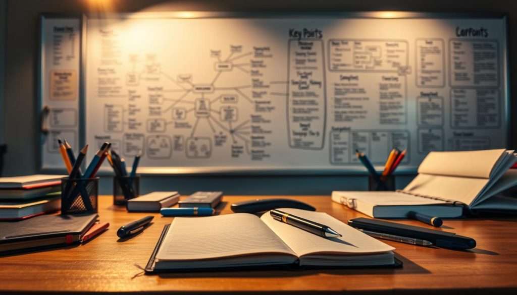 A study desk with an open notebook, pen, and various office supplies arranged neatly. The desk is illuminated by warm, focused lighting from above, casting subtle shadows that accentuate the textures of the materials. In the background, a large whiteboard or chalkboard displays mind maps, diagrams, and key points, suggesting an environment conducive to active learning and note-taking. The overall mood is one of focus, organization, and productivity, creating a visually compelling representation of effective note-taking methods.