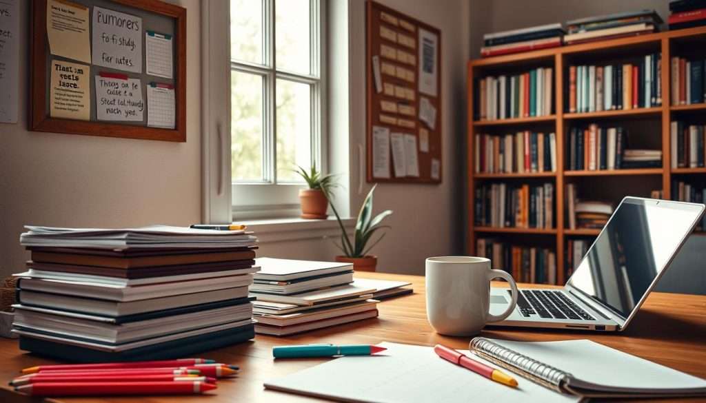 A study-focused workspace with a wooden desk, a stack of books, a laptop, and a mug of coffee. Soft natural lighting filters through a window, casting a warm, focused atmosphere. Alongside the desk, a bulletin board displays study notes, reminders, and inspirational quotes. The foreground features colorful pens, highlighters, and a planner, while the background showcases a bookshelf filled with academic resources. The scene conveys a sense of productivity, concentration, and the art of intentional learning.