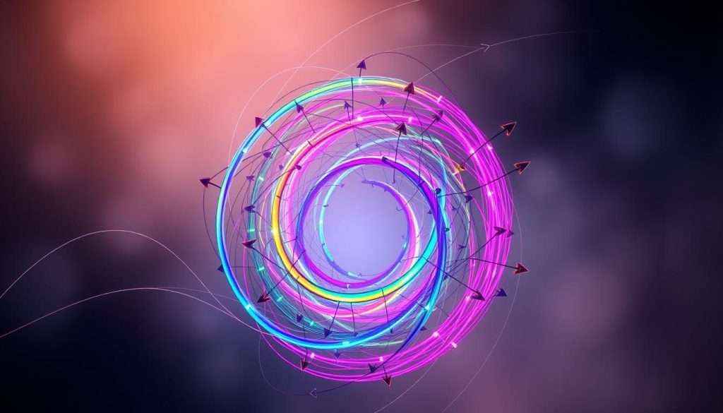 A swirling, looping pattern of interconnected lines and shapes, creating a dynamic feedback loop. The foreground features a central vortex of vibrant, pulsing colors, with lines and curves radiating outward in a mesmerizing spiral. The middle ground depicts an intricate network of feedback arrows, interwoven and reinforcing the cyclical nature of the system. The background is a soft, hazy gradient, adding depth and a sense of infinity to the scene. The lighting is directional, casting shadows and highlights that accentuate the three-dimensional quality of the elements. The overall mood is one of energetic, self-sustaining growth and evolution.