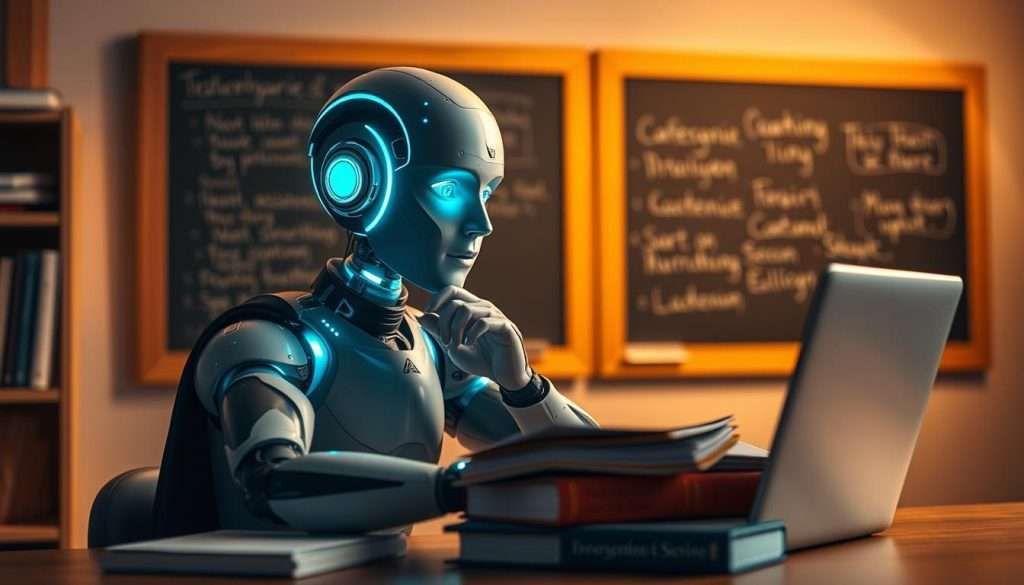 A thoughtful AI study companion sits at a desk, books and laptop arranged neatly. Warm, focused lighting illuminates the scene, creating a contemplative atmosphere. The AI's expression is one of attentive concentration, its digital interface seamlessly integrated into the academic setting. In the background, a chalkboard or whiteboard suggests an environment of learning and intellectual inquiry. The overall composition conveys a sense of productivity, collaboration, and the harmonious integration of advanced technology into the study process.