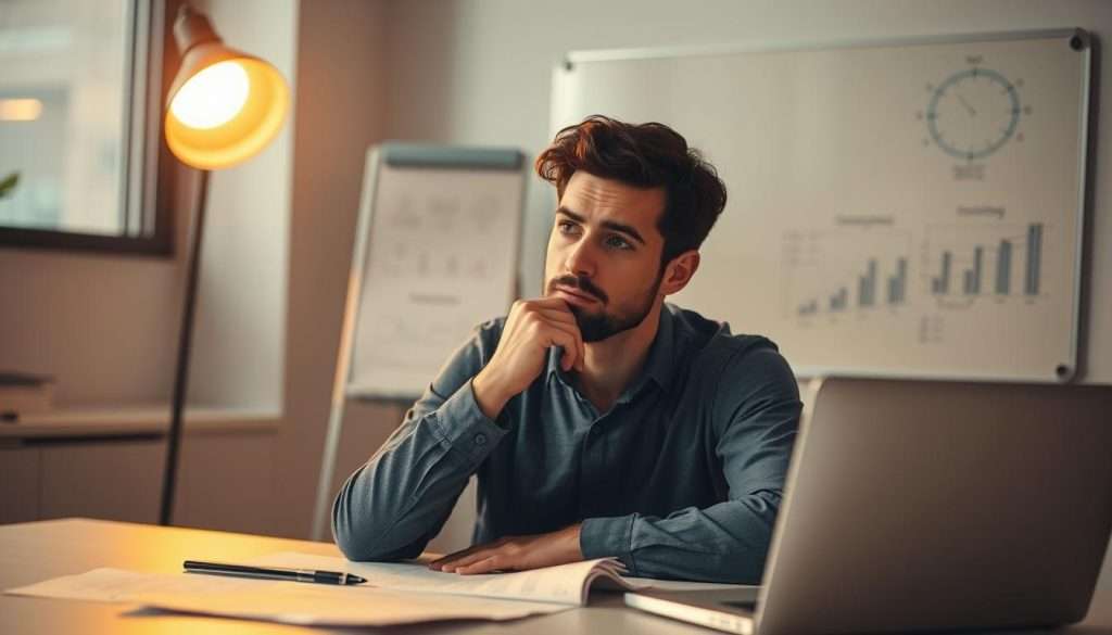 A thoughtful individual contemplating a complex problem, their face reflecting deep concentration. A well-lit office setting with a minimalist desk, papers and a laptop in the foreground. In the background, a whiteboard with scribbles and diagrams, hinting at the strategic thinking process. Warm lighting casts a soft glow, creating a contemplative atmosphere. The scene conveys a sense of focused problem-solving, with the subject's expression signaling the mental engagement required for strategic thinking.