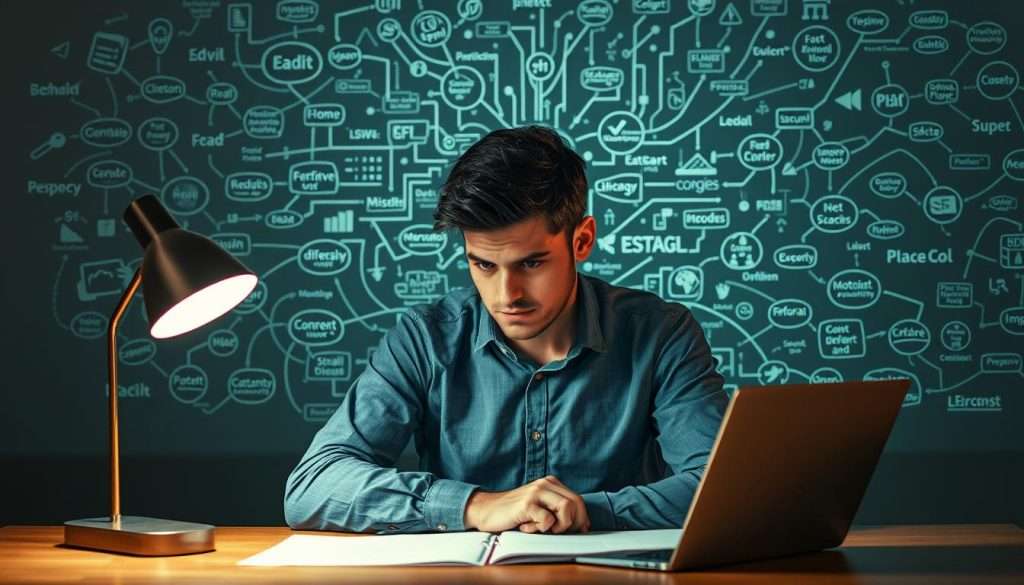 A thoughtful individual sitting at a desk, brow furrowed in concentration, surrounded by a maze-like network of interconnected ideas and concepts projected onto the walls around them. Soft, warm lighting from a desk lamp illuminates the scene, casting a pensive atmosphere. The subject's posture and facial expression convey a sense of deep, strategic contemplation as they navigate the complex web of information. The background is slightly blurred, focusing attention on the central figure and their thought process.