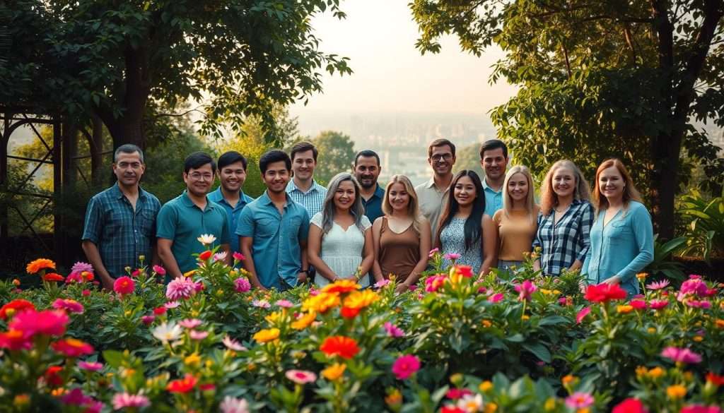 A tranquil garden setting, filled with lush greenery and vibrant flowers in the foreground. In the middle ground, a group of diverse individuals, each with a unique expression of pride and accomplishment, gathered to celebrate their successful learning journeys through spaced practice. Soft, natural lighting casts a warm glow, creating a sense of harmony and serenity. The background features a serene, out-of-focus cityscape, symbolizing the real-world application and impact of their acquired knowledge and skills. The overall composition conveys a feeling of growth, achievement, and the power of deliberate, spaced learning.
