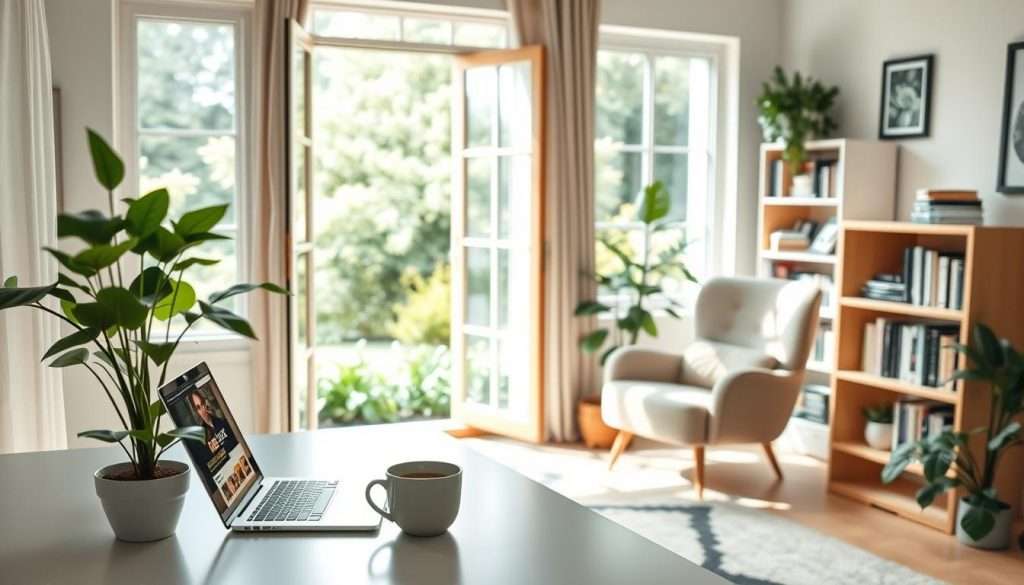 A tranquil home office with natural lighting, soft hues, and ergonomic furniture. In the foreground, a desk with a laptop, a potted plant, and a mug of coffee, symbolizing focused work. In the middle ground, a comfortable armchair and a bookshelf, representing the integration of leisure and learning. The background features an open window overlooking a lush, peaceful garden, conveying a sense of balance and connection with nature. The overall atmosphere is one of calm, harmony, and a seamless blending of professional and personal pursuits.