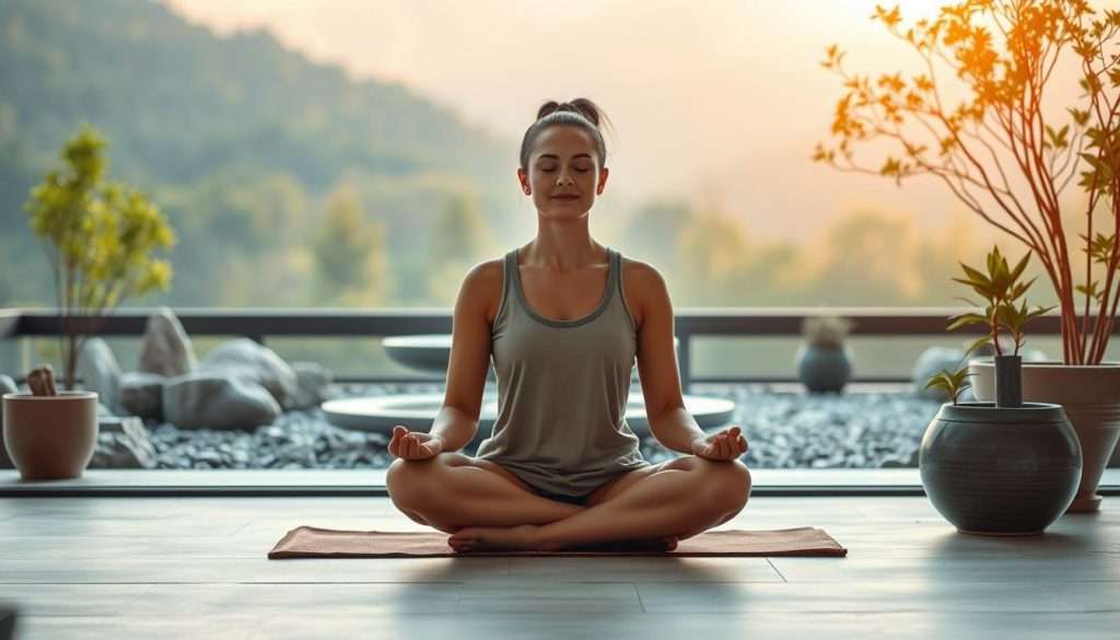 A tranquil scene of a person practicing mindfulness and relaxation techniques to manage stress and improve brain function. The foreground shows a person sitting in a comfortable lotus position, eyes closed, with an expression of calm and focus. The middle ground features a minimalist, zen-inspired environment with natural elements like a rock garden, water fountain, and potted plants. The background showcases a serene landscape, perhaps a lush forest or a mountainous vista, bathed in warm, diffused lighting to create a soothing, contemplative atmosphere. The overall image conveys a sense of peace, balance, and mental clarity, reflecting the benefits of effective stress management for cognitive performance.