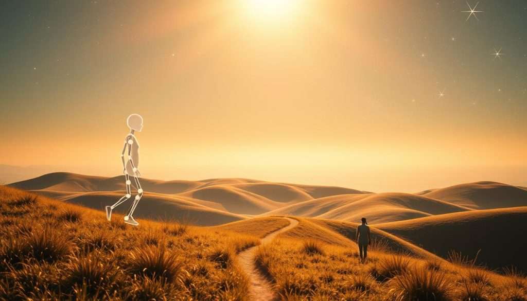 A tranquil, sun-dappled scene depicting the intermediate stages of cognitive development. In the foreground, a figure composed of glowing orbs and flowing lines represents the gradual acquisition of knowledge, its form shifting and evolving. The middle ground features a serene landscape of rolling hills, a winding path symbolizing the journey of understanding. Warm, diffused lighting casts a contemplative atmosphere, while the background showcases a vast, starry sky, hinting at the boundless potential of the human mind. The composition conveys a sense of progression, inviting the viewer to explore the hierarchy of comprehension.