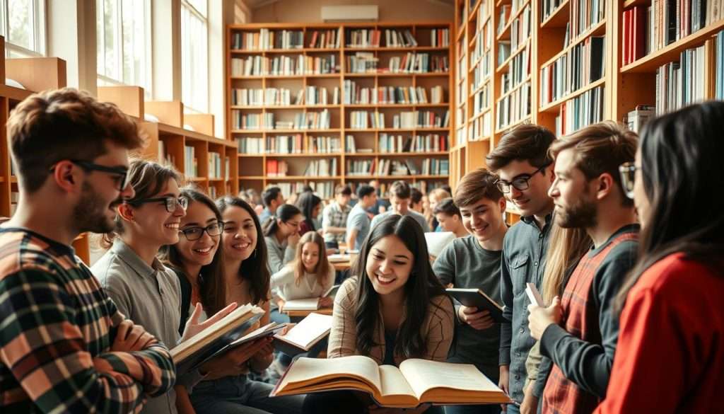 A vibrant community of quick learners, gathered in a cozy, sun-dappled library. In the foreground, a group of students engrossed in animated discussion, their faces alight with curiosity and enthusiasm. The middle ground reveals a diverse array of learners, each absorbed in their own projects, sharing ideas and resources. In the background, floor-to-ceiling bookshelves create a warm, intellectual atmosphere, complemented by soft, natural lighting filtering through large windows. An atmosphere of collaborative discovery and intellectual growth permeates the scene, capturing the essence of a thriving quick learner community.