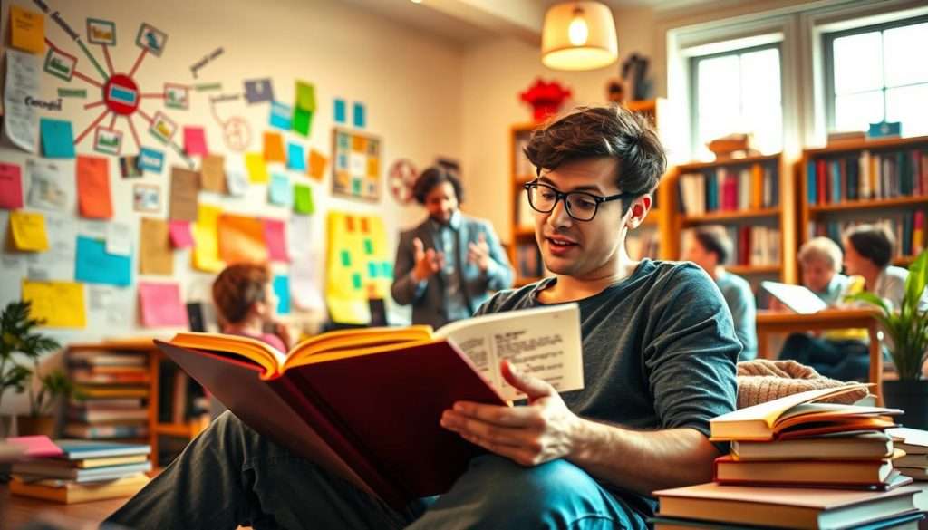 A vibrant, dynamic scene depicting "Practical Techniques to Reignite Your Learning Fire". In the foreground, a person sits engrossed in a book, their face alight with curiosity and focus. Surrounding them, colorful visual aids like mind maps, flashcards, and sticky notes convey a range of learning strategies. In the middle ground, a person gestures animatedly, sharing insights with an attentive audience. The background features a cozy, sunlit study space, bookshelves, and a sense of warmth and inspiration. The overall mood is one of engaged, productive learning, with a sense of discovery and passion for knowledge.