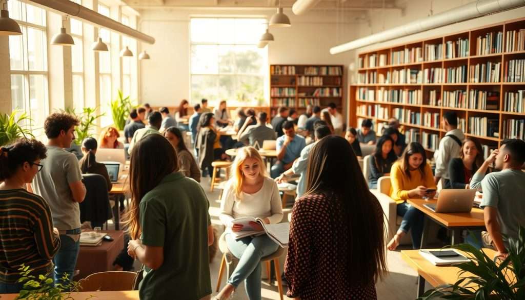 A vibrant learning community, where curious minds gather in a warm, sun-drenched setting. In the foreground, a diverse group of individuals engaged in lively discussions, sharing ideas and insights. Midground, cozy workspaces and study nooks, fostering a sense of collaboration and discovery. In the background, floor-to-ceiling bookshelves, a testament to the boundless thirst for knowledge. Soft, natural lighting filters through large windows, creating an inviting, productive atmosphere. The space is designed to inspire, with intentional pops of color and ergonomic furnishings that encourage both focus and connection. This is a place where learning is not just a pursuit, but a way of life, where the joy of exploration is palpable in every corner.