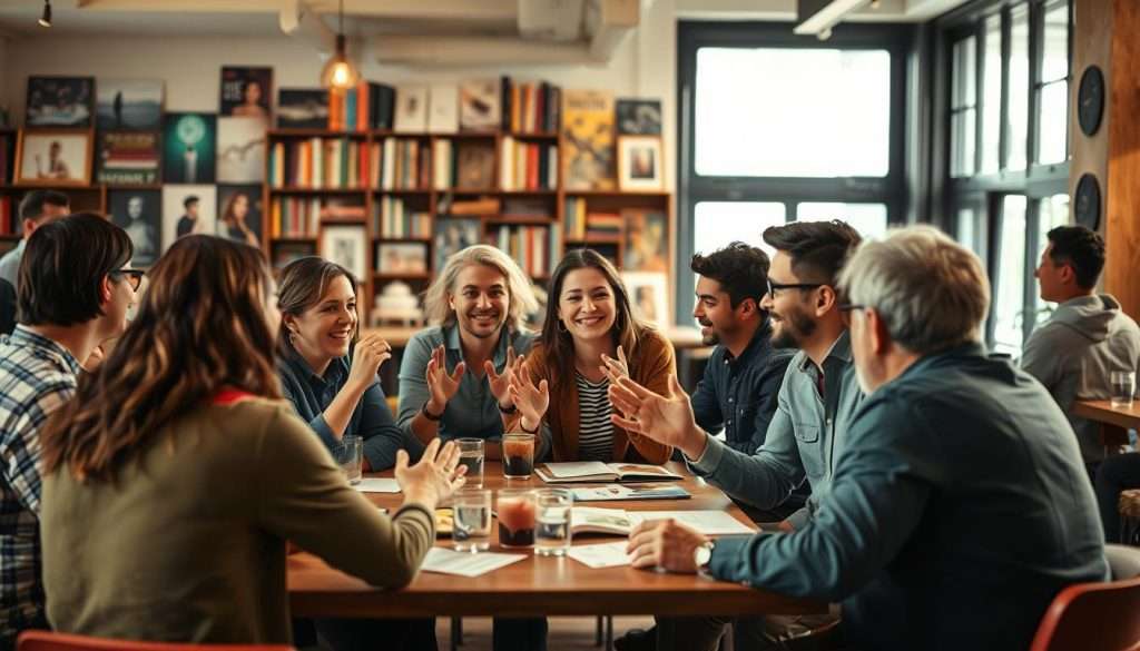 A vibrant social gathering, where friends and colleagues engage in lively discussions, fostering a sense of community and intellectual stimulation. In the foreground, a group of people sit around a table, gesturing animatedly as they exchange ideas. The middle ground features a cozy, well-lit café or study space, with large windows allowing natural light to pour in. In the background, a bookshelf or gallery wall showcases an array of diverse interests and passions, hinting at the breadth of knowledge and experiences shared within this space. The mood is one of warmth, creativity, and the synergistic power of human interaction to unlock the mind's potential.