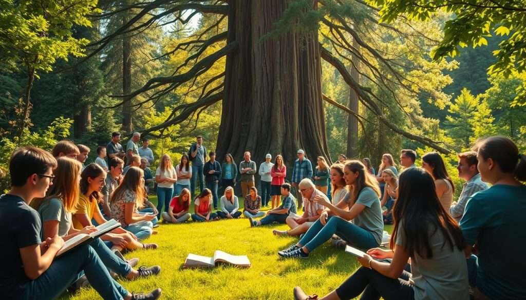 A vibrant, sunlit learning community gathered in a lush, verdant outdoor setting. In the foreground, a diverse group of students and teachers engage in animated discussions, their faces alight with curiosity and intellectual exchange. In the middle ground, small clusters of people sit on the grass, poring over books and laptops, creating a sense of collaborative learning. The background features a towering, old-growth forest, its canopy filtering the warm, golden light and imbuing the scene with a sense of tranquility and inspiration. The overall atmosphere conveys the power of connection, the joy of shared discovery, and the transformative potential of learning in community.