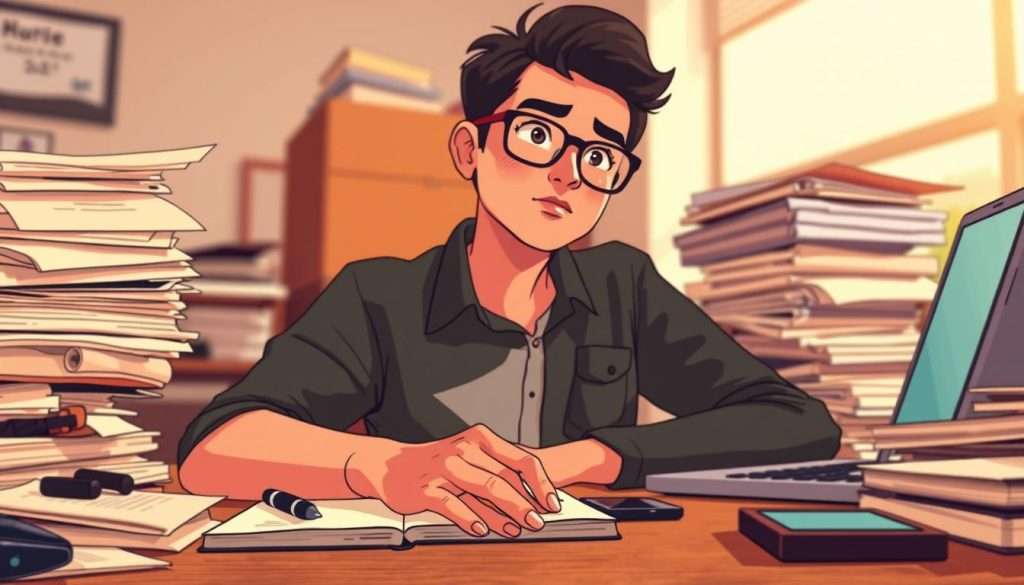 A warm-toned, digitally illustrated scene depicting a person sitting at a cluttered desk, surrounded by various gadgets and stacks of papers, with a thoughtful expression on their face. The foreground features the person's hands resting on the desk, with a pen and notebook in view. The middle ground showcases the desktop items, including a laptop, smartphone, and several opened files. The background blurs into a softly lit office environment, suggesting a contemplative atmosphere. The overall composition conveys the idea of assessing one's multitasking habits and the need to find a balance between productivity and focus.