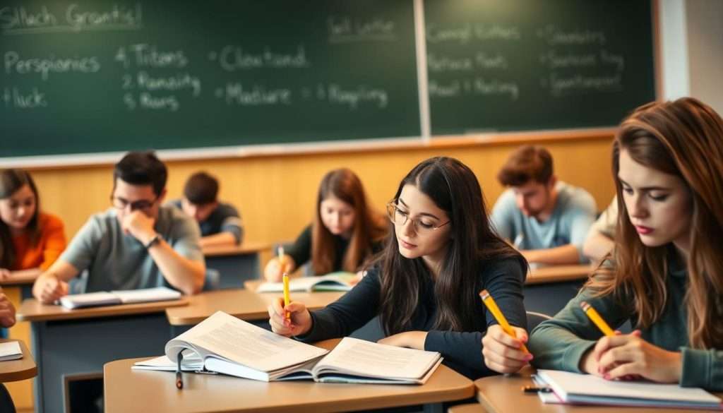 A well-lit classroom setting, with a chalkboard or whiteboard in the background. In the foreground, a group of students engaged in various retrieval practice techniques, such as flashcard quizzing, practice testing, and self-questioning. The students are seated at desks, with pens and notebooks in hand, intently focusing on the tasks at hand. The lighting is warm and natural, creating a focused and productive atmosphere. The camera angle is slightly elevated, capturing the scene from a pedagogical perspective, emphasizing the educational nature of the activities.