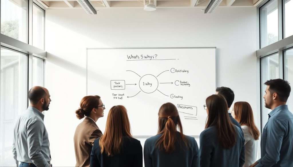 A well-lit conference room with a large whiteboard at the center. On the whiteboard, a detailed diagram illustrating the 5 Why's problem-solving technique, using clean lines and simple shapes. In the foreground, a group of professionals gathered around the whiteboard, deep in discussion, their expressions thoughtful and engaged. The room has a modern, minimalist aesthetic, with abundant natural light streaming in through large windows. The overall scene conveys a sense of collaborative problem-solving and a methodical approach to addressing challenges.