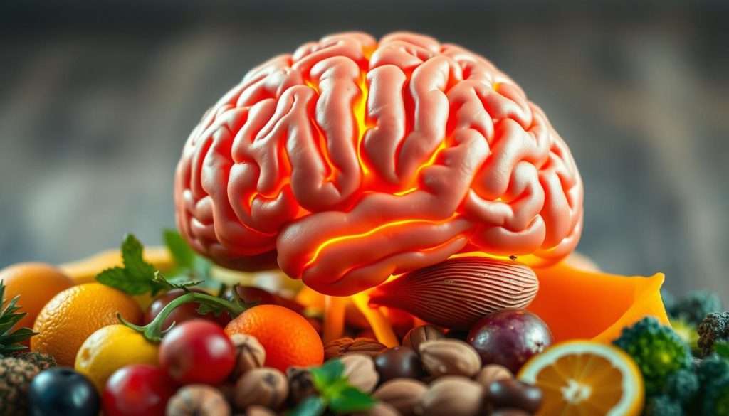 A well-lit, macro-level view of the human brain, showcasing its intricate folds and neural pathways. The brain is depicted in shades of warm, vibrant colors, with specific regions highlighted to represent different cognitive functions and the impact of various "superfoods" and nutrients. The foreground features an array of fruits, vegetables, nuts, and other brain-boosting ingredients, artfully arranged around the brain. The middle ground depicts the brain's cross-section, revealing its internal structure and the flow of energy and information. The background is a soft, out-of-focus blur, creating a sense of depth and focus on the central subject matter.