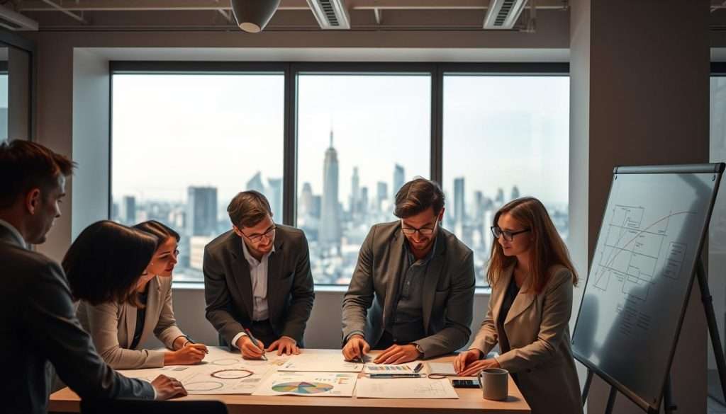 A well-lit office setting, showcasing professionals engaged in deep, analytical discussions. In the foreground, a team of colleagues gathered around a table, intently studying charts, diagrams, and whiteboards, their expressions intense as they apply first principles thinking to solve a complex problem. The middle ground features a large window overlooking a bustling city skyline, providing a sense of broader context and the real-world impact of their work. The background is softly illuminated, creating a contemplative atmosphere conducive to innovative problem-solving. The overall scene conveys a balance of focused collaboration, strategic thinking, and a commitment to uncovering fundamental truths.