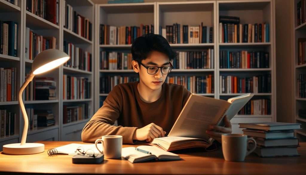 A well-lit study area with a person sitting at a desk, intently reading a book. The desk is neatly organized with a cup of coffee, a pair of reading glasses, and a notebook. Behind the desk, bookshelves line the walls, creating a cozy, intellectual atmosphere. The lighting is soft and warm, casting a gentle glow over the scene. The person's expression is focused, suggesting deep engagement with the material. The overall mood is one of calm concentration and a commitment to self-improvement through reading.