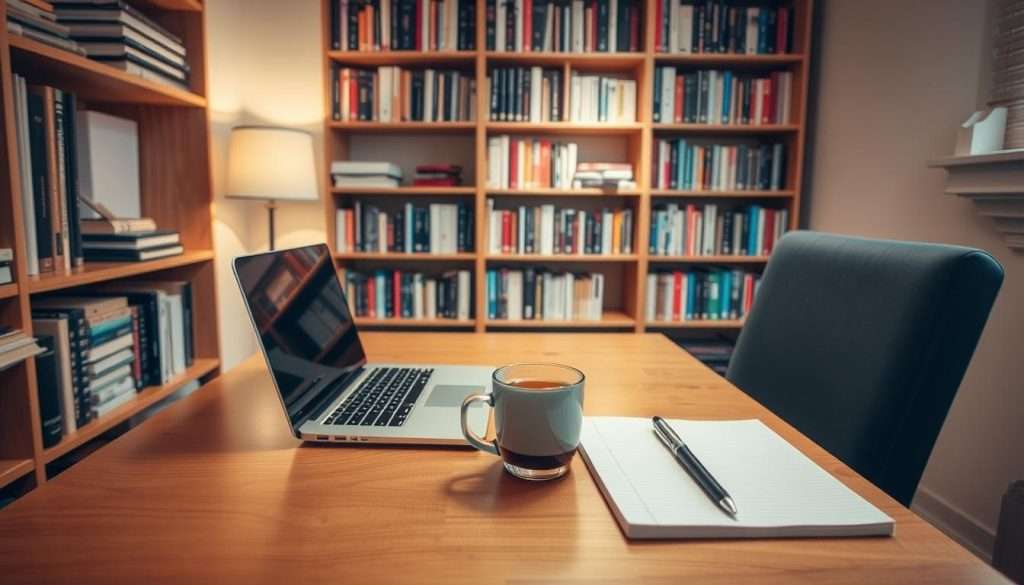 A well-lit study nook with a wooden desk, a comfortable chair, and a bookshelf in the background. The desk is adorned with a laptop, a cup of tea, and a notebook with a pen resting on it. Soft, diffused lighting from a nearby lamp creates a warm, focused atmosphere. The bookshelf is filled with a variety of textbooks and reference materials, hinting at a dedicated student's environment. The scene conveys a sense of productivity, concentration, and a healthy approach to academic success.