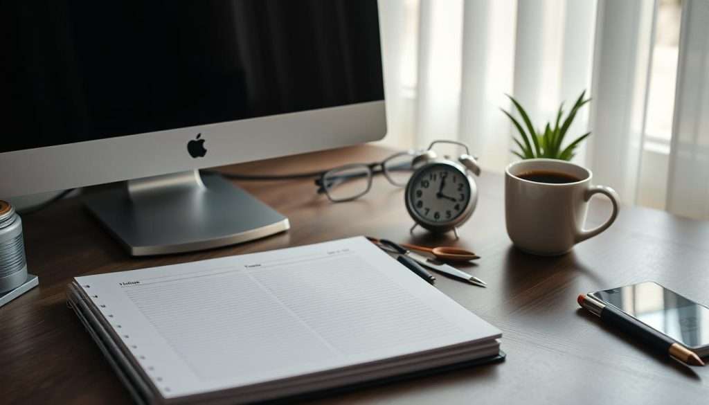 A well-organized workspace with a desktop computer, a planner, a timer, and a cup of coffee. Soft natural lighting illuminates the scene, creating a focused and productive atmosphere. The planner and timer symbolize time management techniques, while the computer represents digital tools for accelerated learning. The overall composition suggests a harmonious balance between technology and traditional methods, inviting the viewer to explore effective strategies for managing their time and advancing their progress.